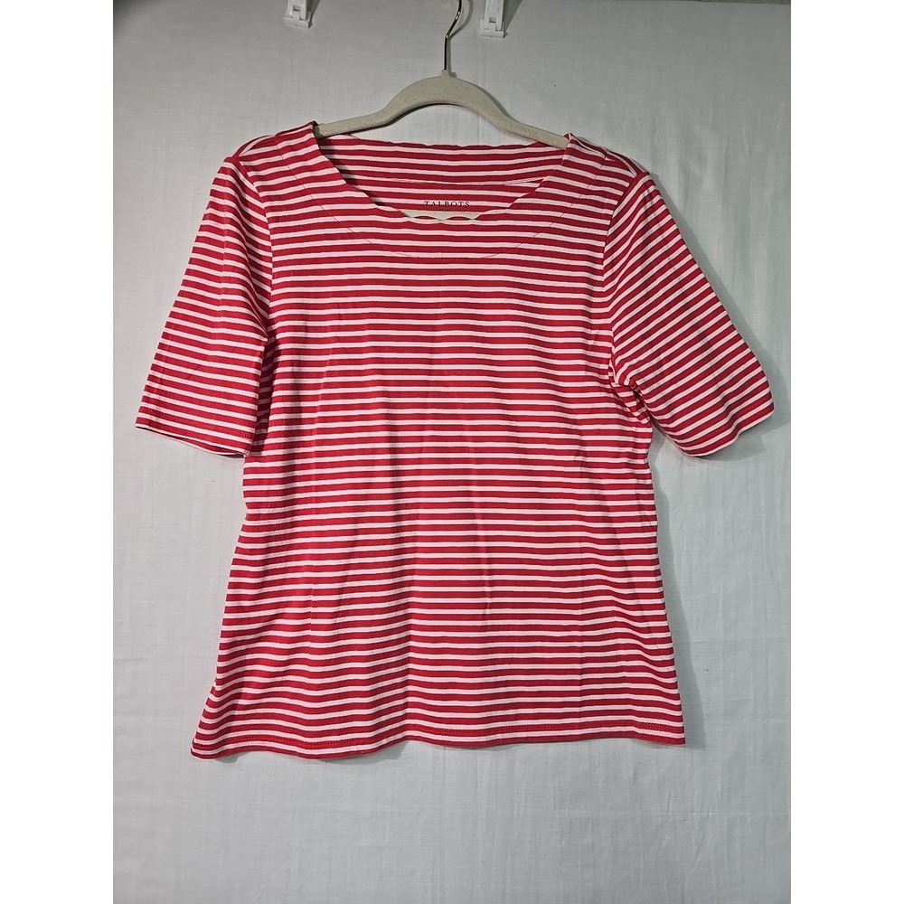 Talbots Women's‎ M Petite Red White Striped Top Short Sleeve Scallop Neckline